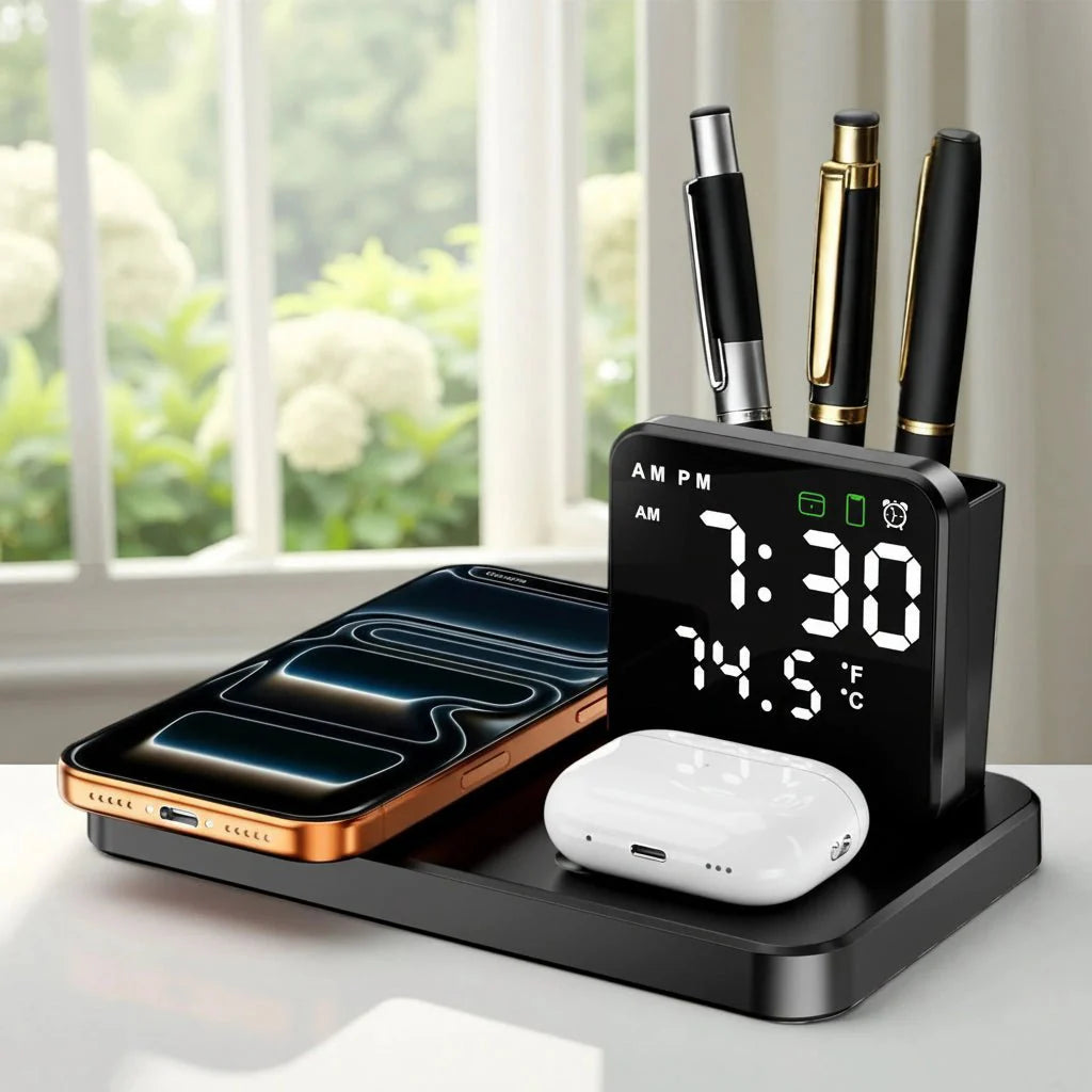 Trådløs Opladestation – Sort, Kompakt 3-i-1 Design til Smartphone, Smartwatch og Hovedtelefon