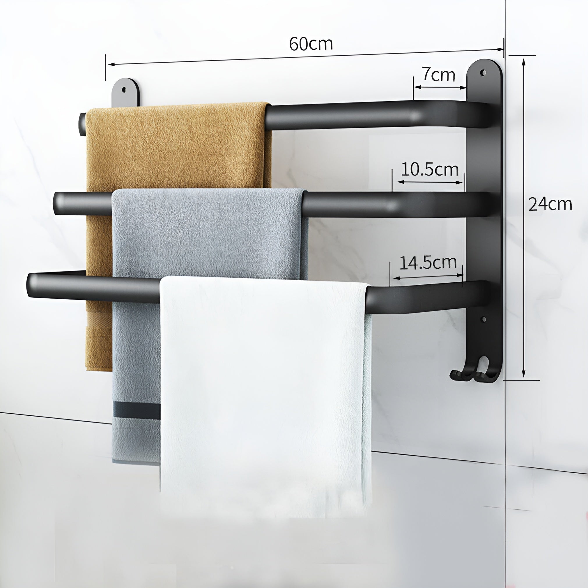Væghængt Håndklædeholder – Sort Aluminium, 3-Lags Design til Badeværelse eller Wellnessområde