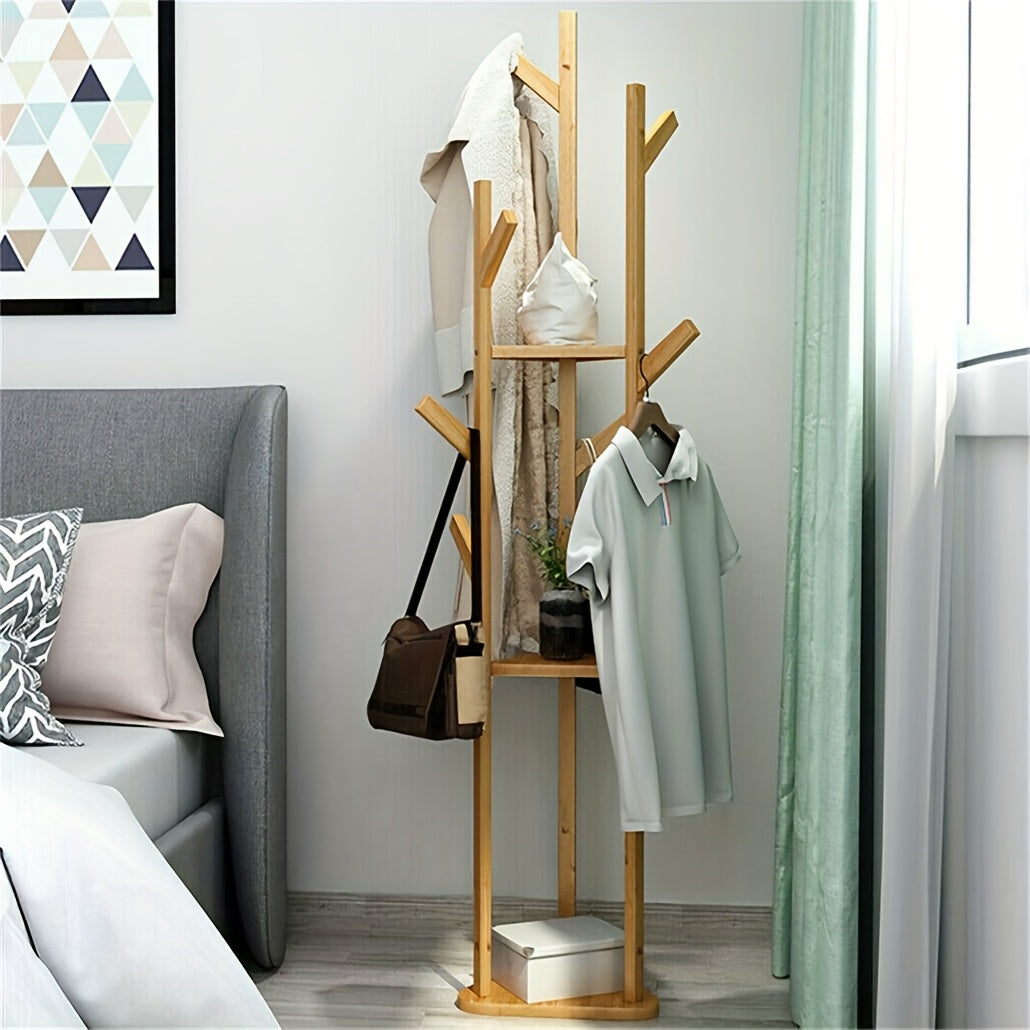 Bamboo Clothes Rack – Elegant, Freestanding with 9 Hooks and 3 Shelves for Hallway or Living Room