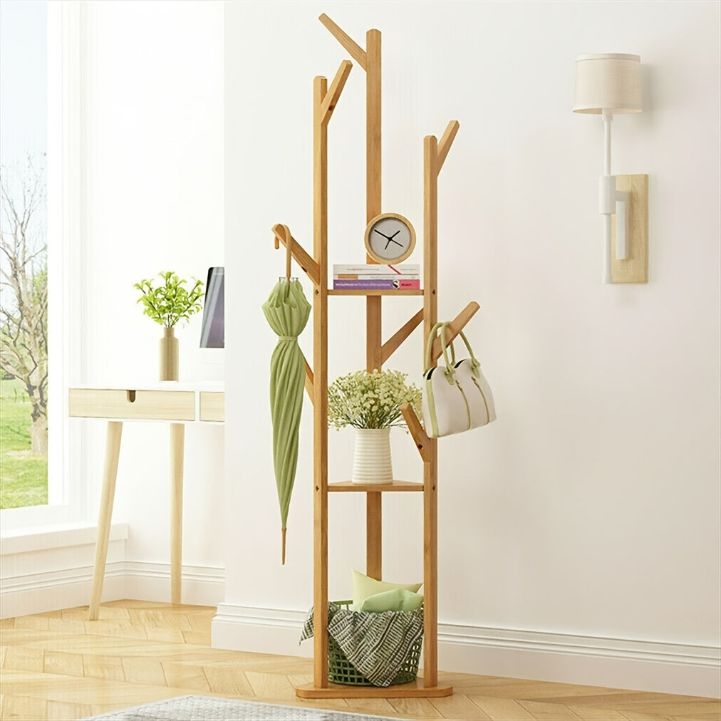 Bamboo Clothes Rack – Freestanding, elegant design with 9 hooks and 3 shelves for hallway or living room