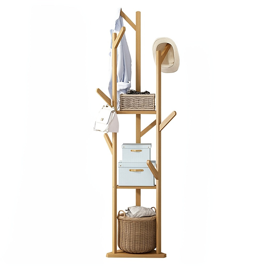 Bamboo Clothes Rack – Freestanding, elegant design with 9 hooks and 3 shelves for hallway or living room