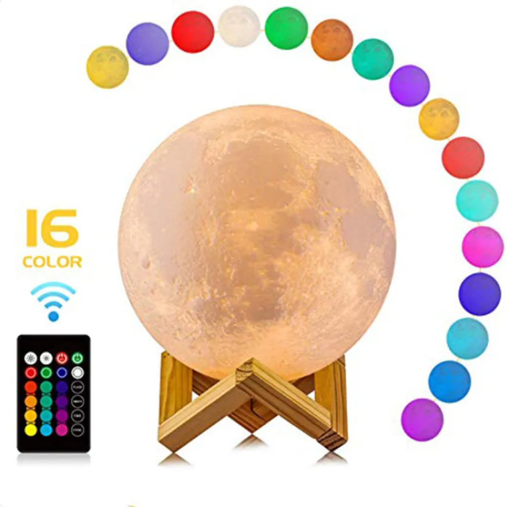 LED-maanlamp – Draadloos, dimbaar met 16 kleuren en houten standaard voor decoratie in de slaapkamer of woonkamer