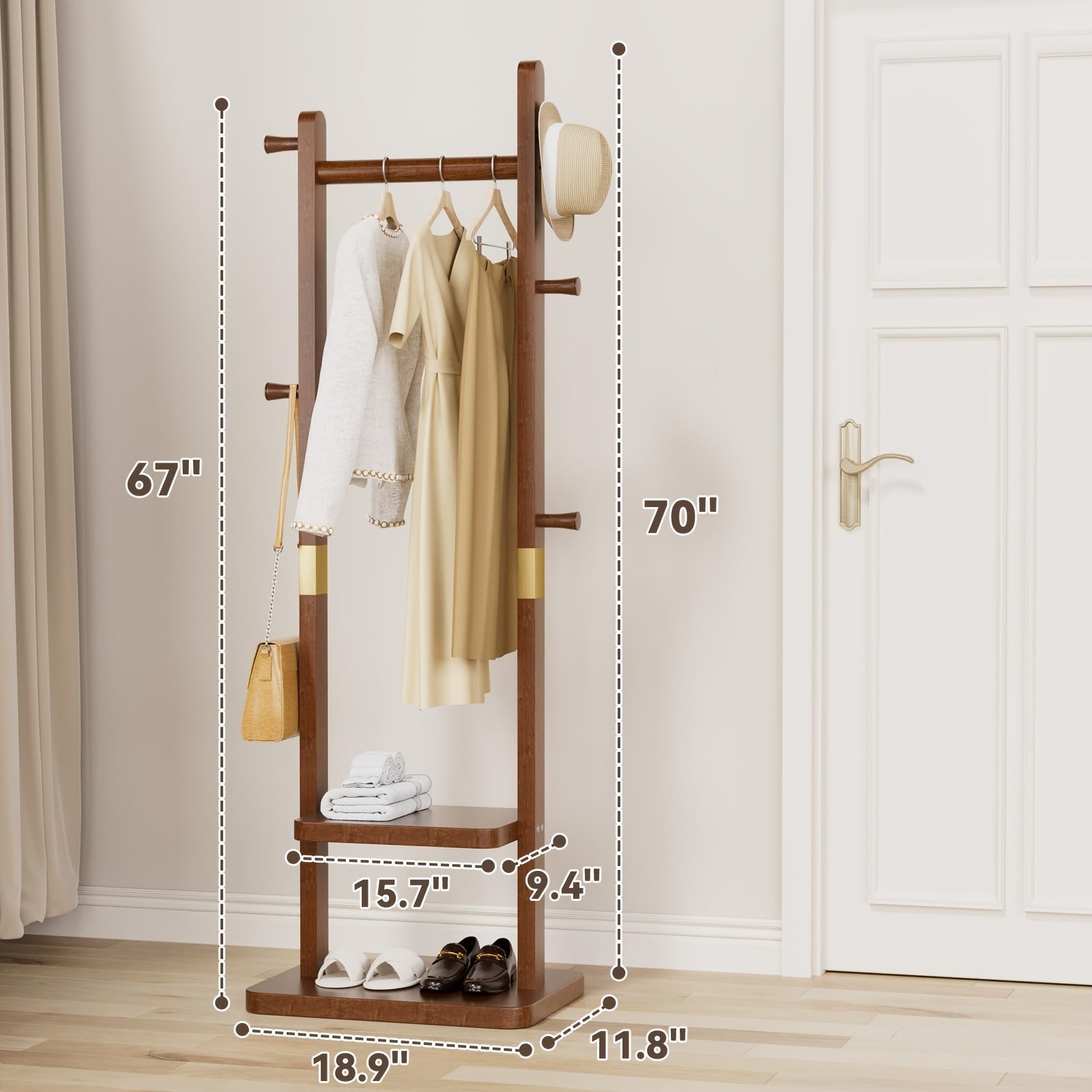 Solid wood clothes rack – Rubber pull-out shelf with wheels, storage shelf and shelves for hallway or bedroom
