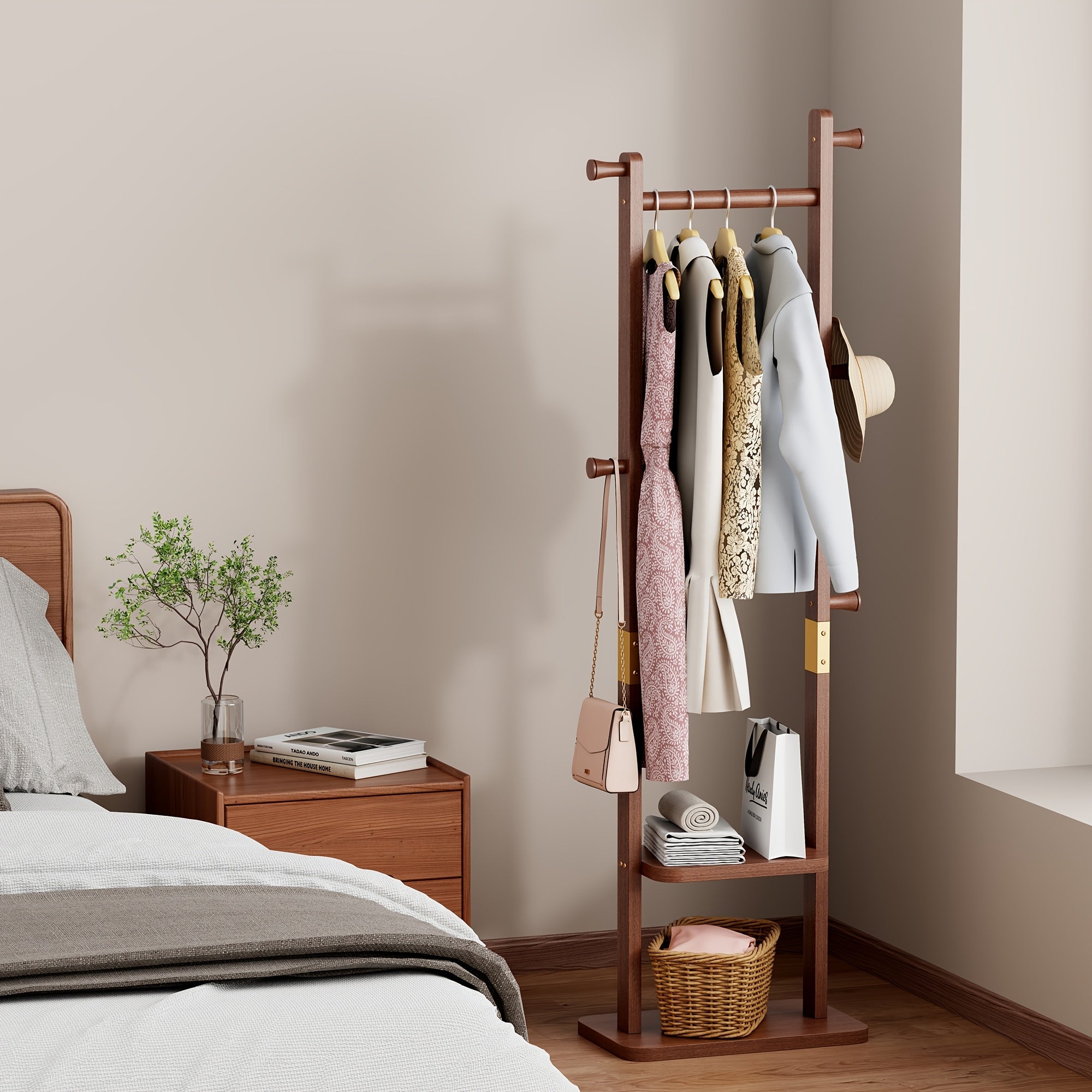 Solid wood clothes rack – Rubber pull-out shelf with wheels, storage shelf and shelves for hallway or bedroom