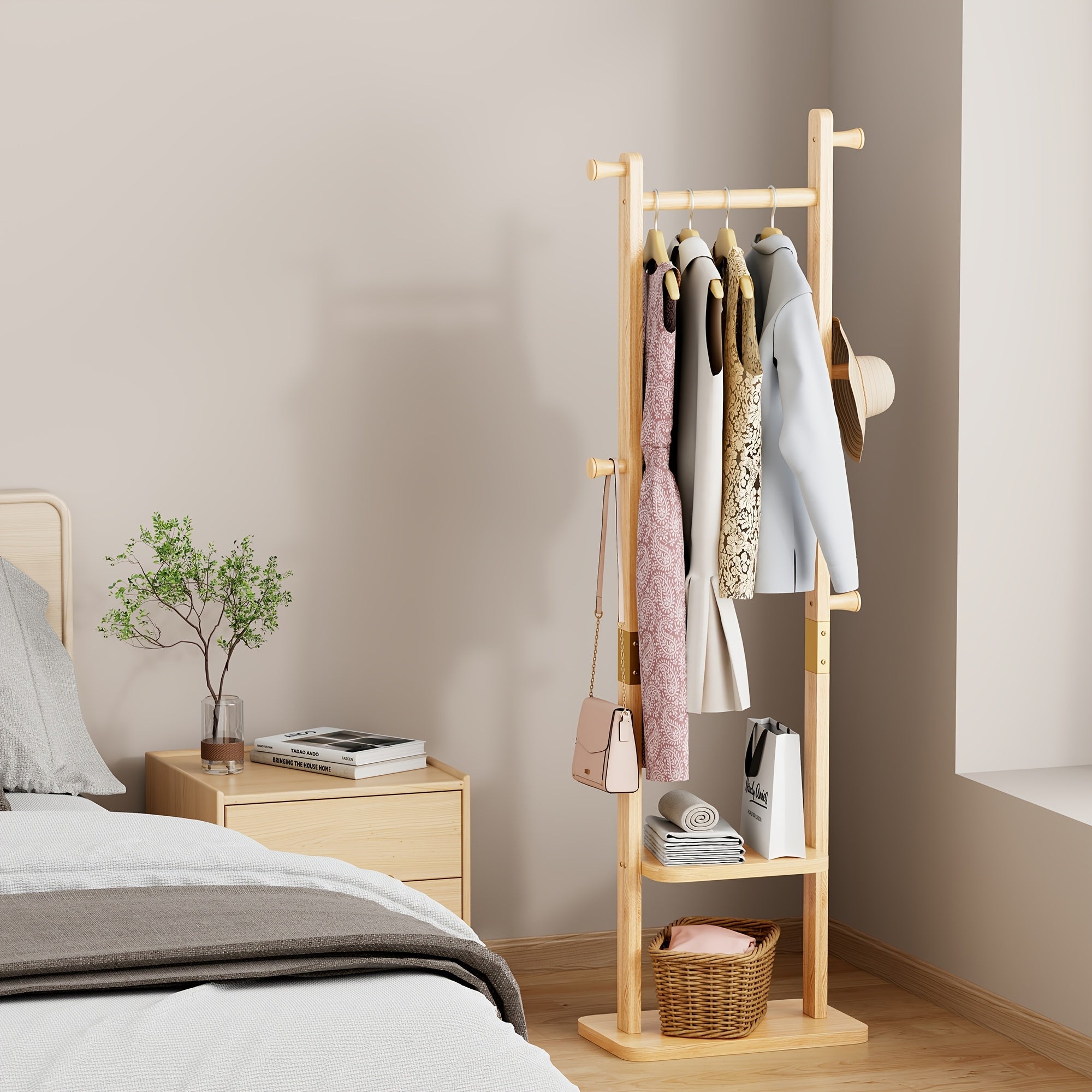 Solid wood clothes rack – Rubber pull-out shelf with wheels, storage shelf and shelves for hallway or bedroom