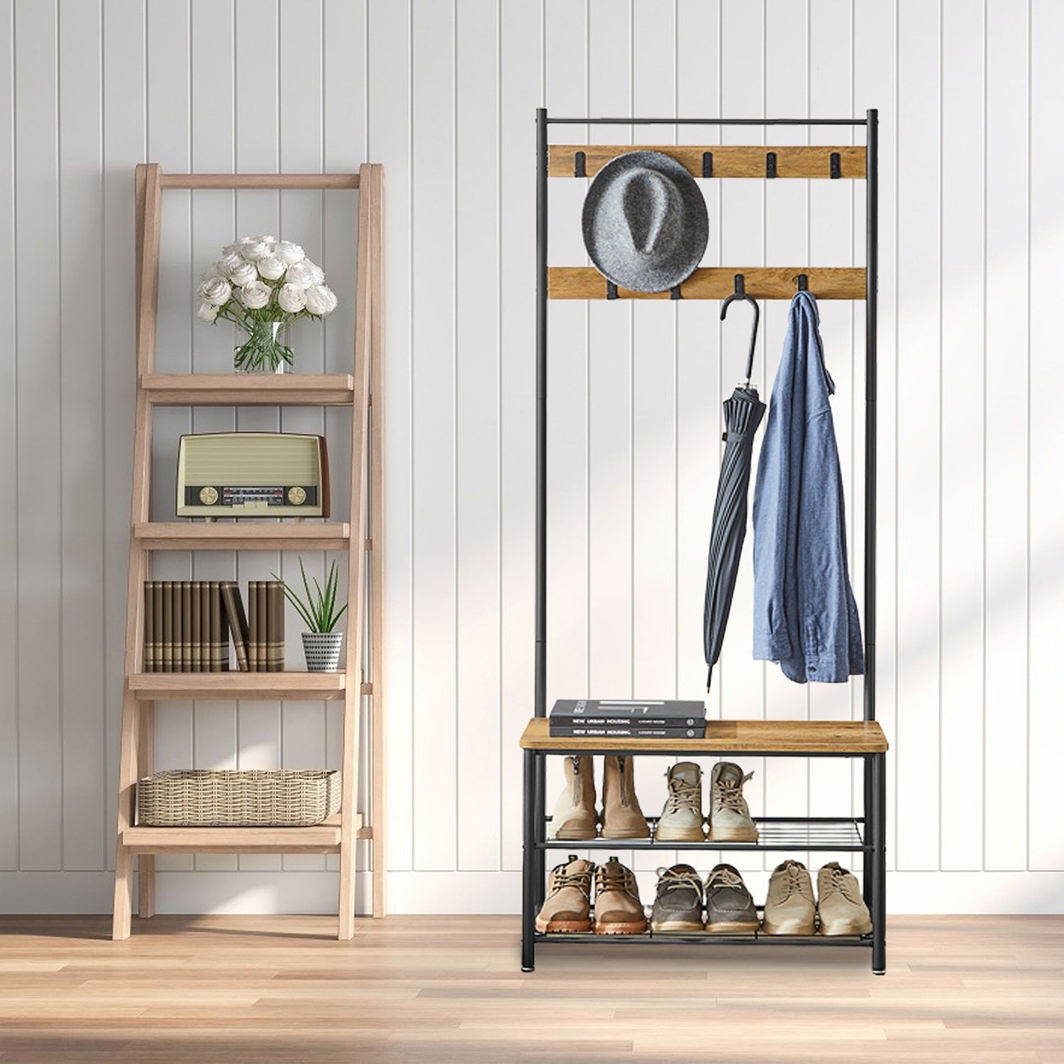 Metal Clothes Rack – Black, simple design with Shoe Shelf and Shelf for hallway or bedroom