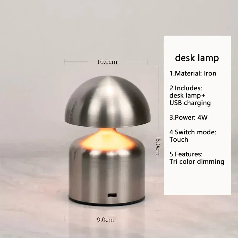 Genopladelig Bordlampe – Retro Svampeform, Metal Finish til Soveværelse eller Stue