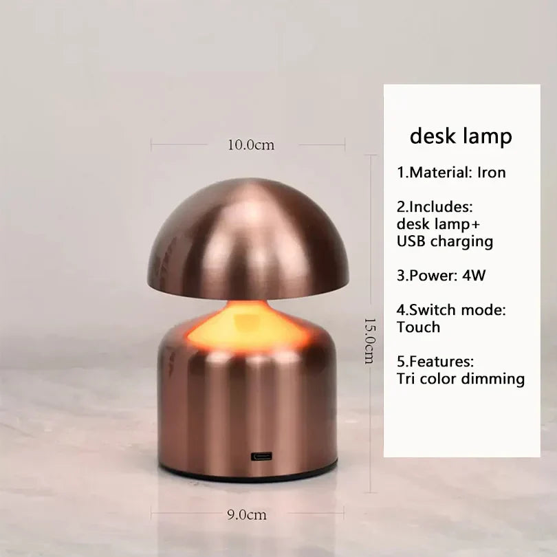 Genopladelig Bordlampe – Retro Svampeform, Metal Finish til Soveværelse eller Stue