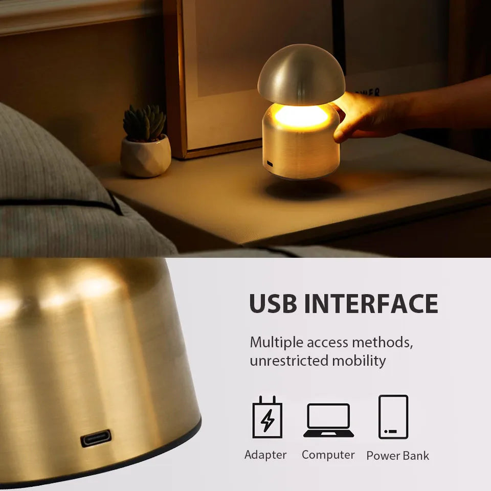 Genopladelig Bordlampe – Retro Svampeform, Metal Finish til Soveværelse eller Stue