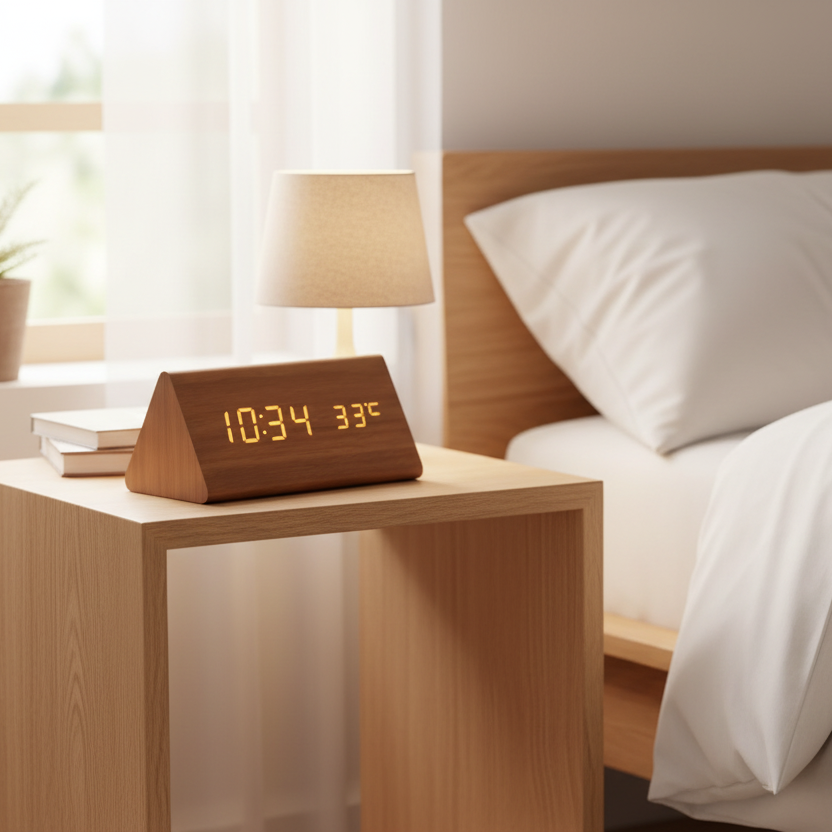 Wood LED Clock – Natural Finish, Voice-Controlled for Bedroom or Living Room