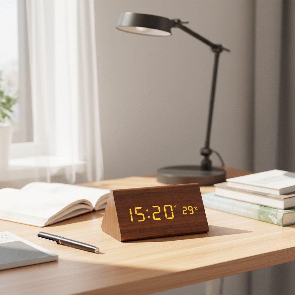Wood LED Clock – Natural Finish, Voice-Controlled for Bedroom or Living Room
