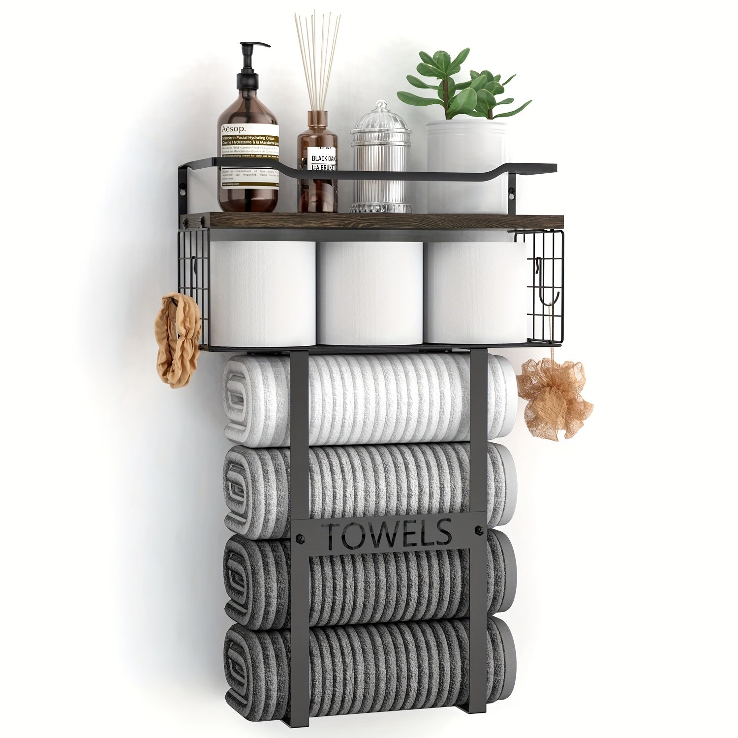 Håndklædeholder til væggen – sort metal, moderne design med hylde til badeværelse eller gæstetoilet