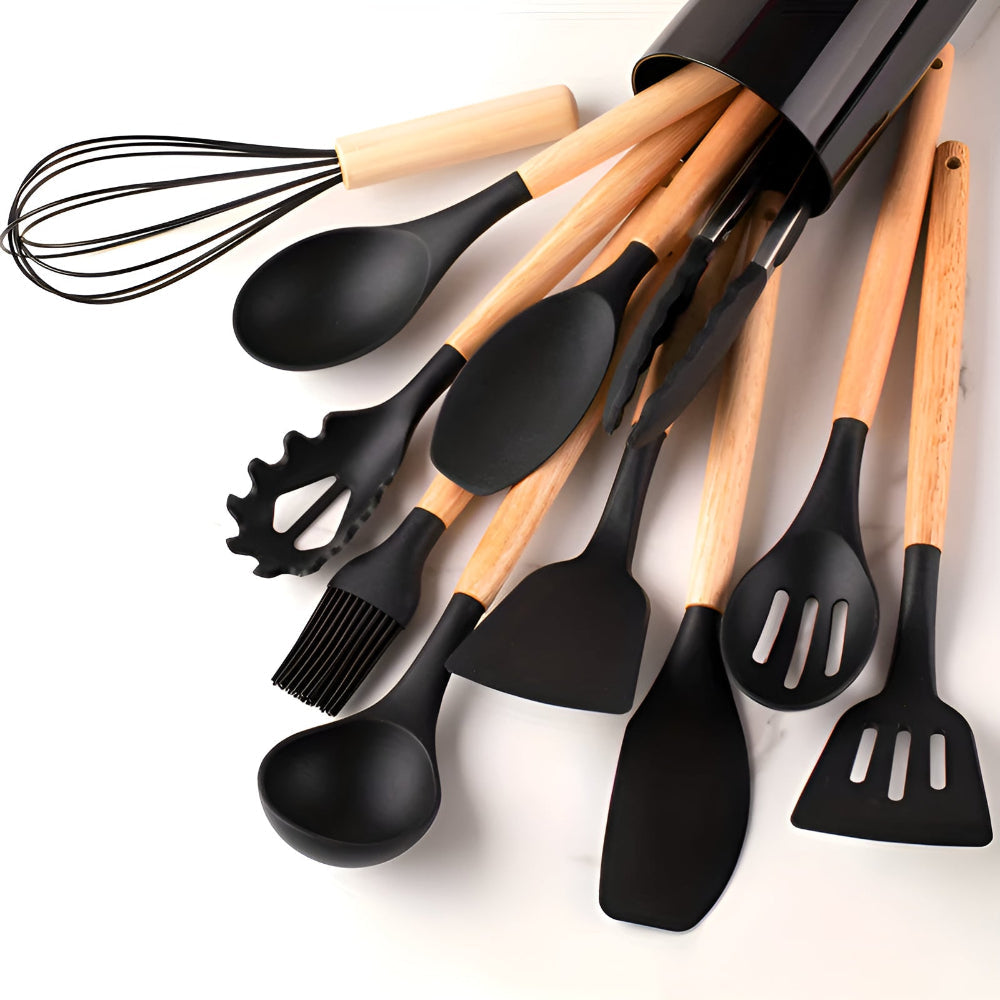 Silicone Kitchen Utensil Set – BPA-free, Heat Resistant with Bamboo Handle for Easy Cooking on the Baking Sheet