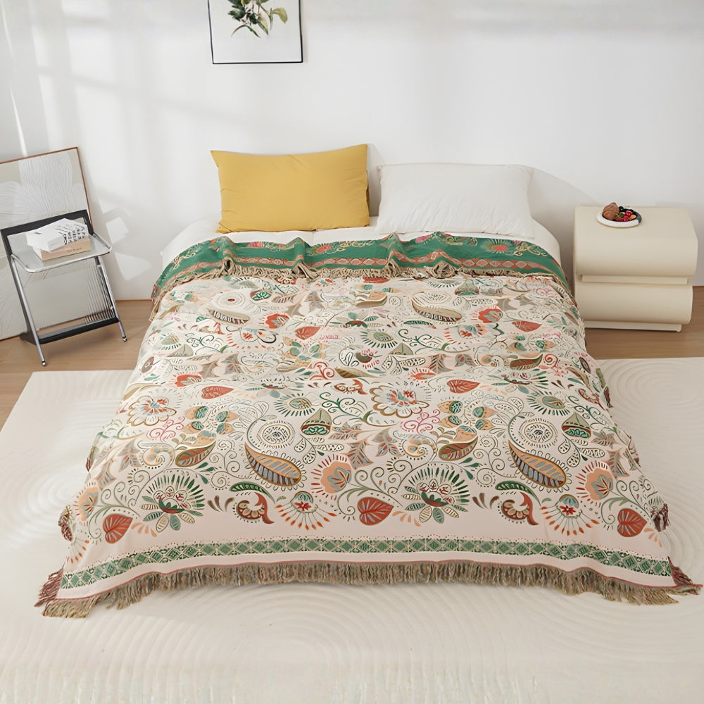 Boho Vendbart Tæppe – Bomuld, Efterårsblomster med Frynser til Sofa eller Seng
