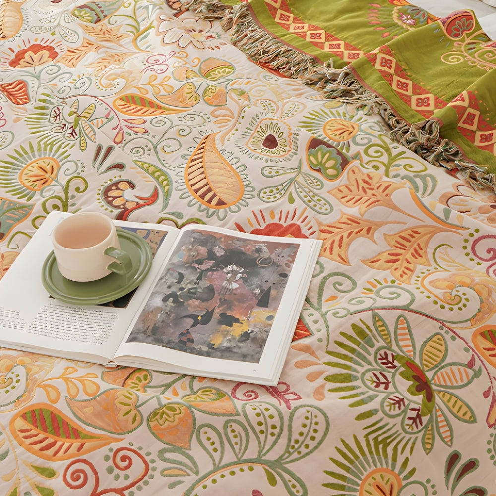 Boho Vendbart Tæppe – Bomuld, Efterårsblomster med Frynser til Sofa eller Seng