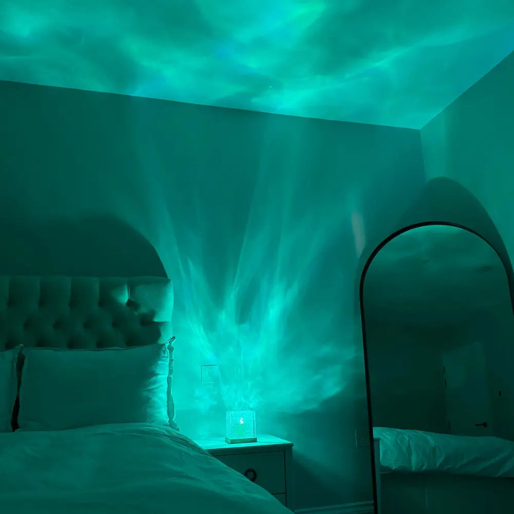Aurora Borealis Lampe – Træbase, Farverig Cube til Soveværelse eller Stue Dekoration