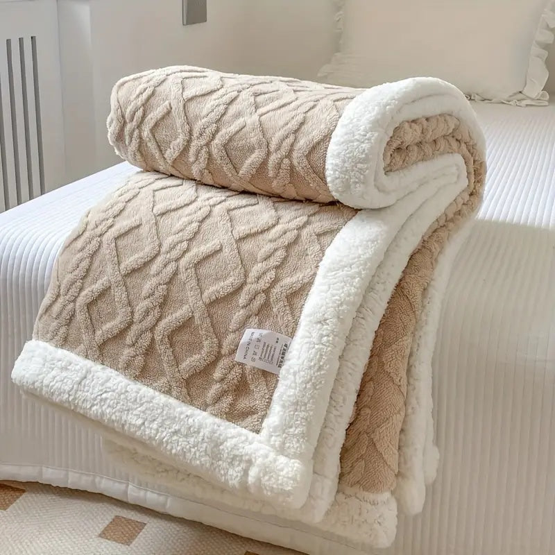 Sherpa Plaid – Blød Beige, Vendbar Stue Tæppe til Sofa eller Seng Dekoration
