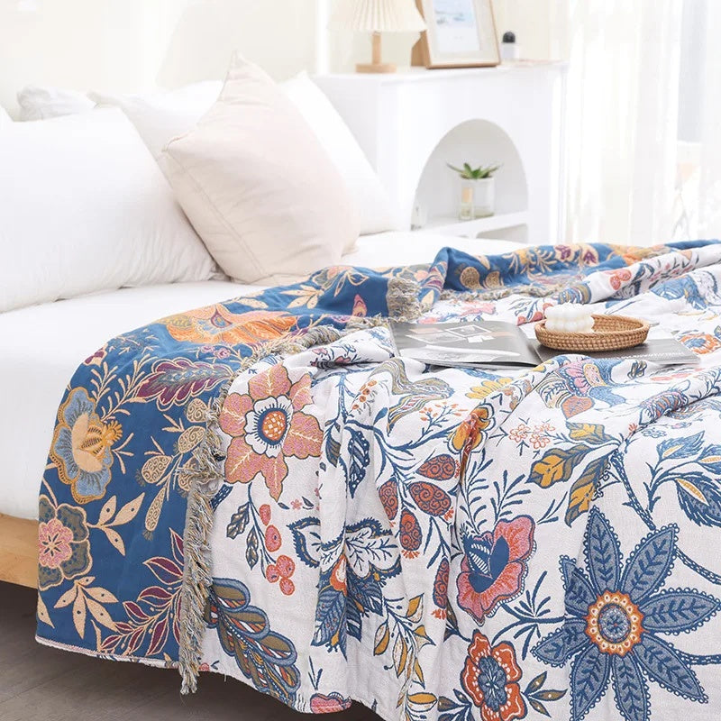 Katoenen Plaid – Blomsterprint med Frynser, Let Værdende for Sofa eller Soveværelse
