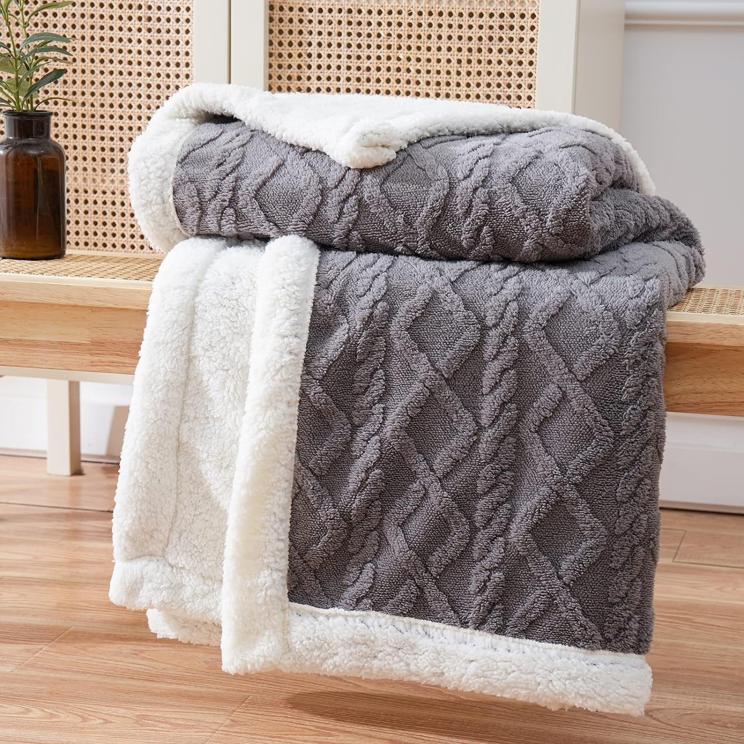 Sherpa Plaid – Blød Beige, Vendbar Stue Tæppe til Sofa eller Seng Dekoration