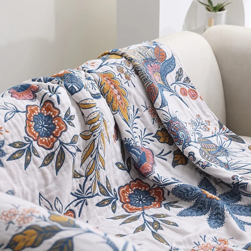 Katoenen Plaid – Blomsterprint med Frynser, Let Værdende for Sofa eller Soveværelse