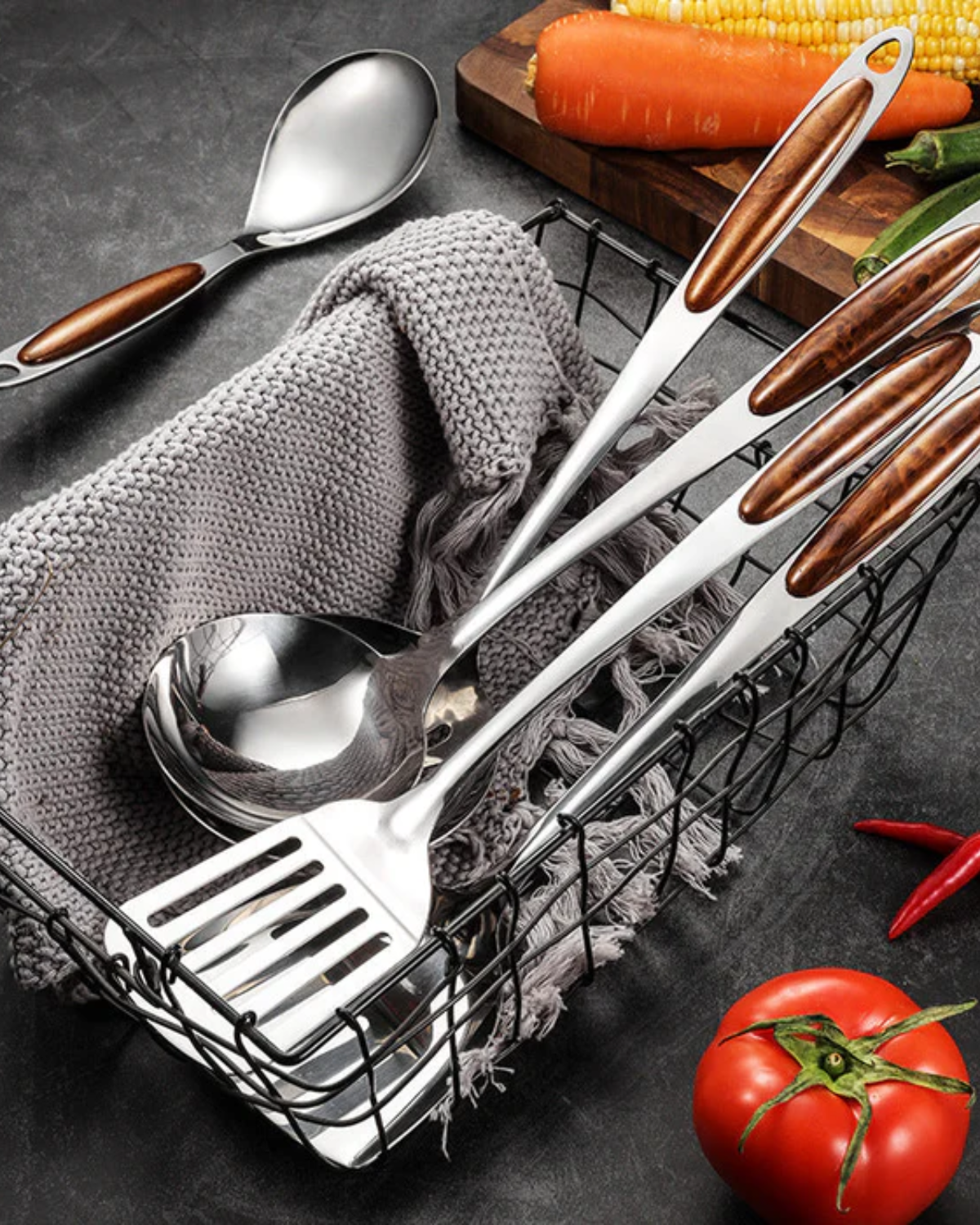 Kitchen Utensil Set – Stainless Steel with Wooden Handle, Elegant Kitchen Accessories for Cooking and Serving