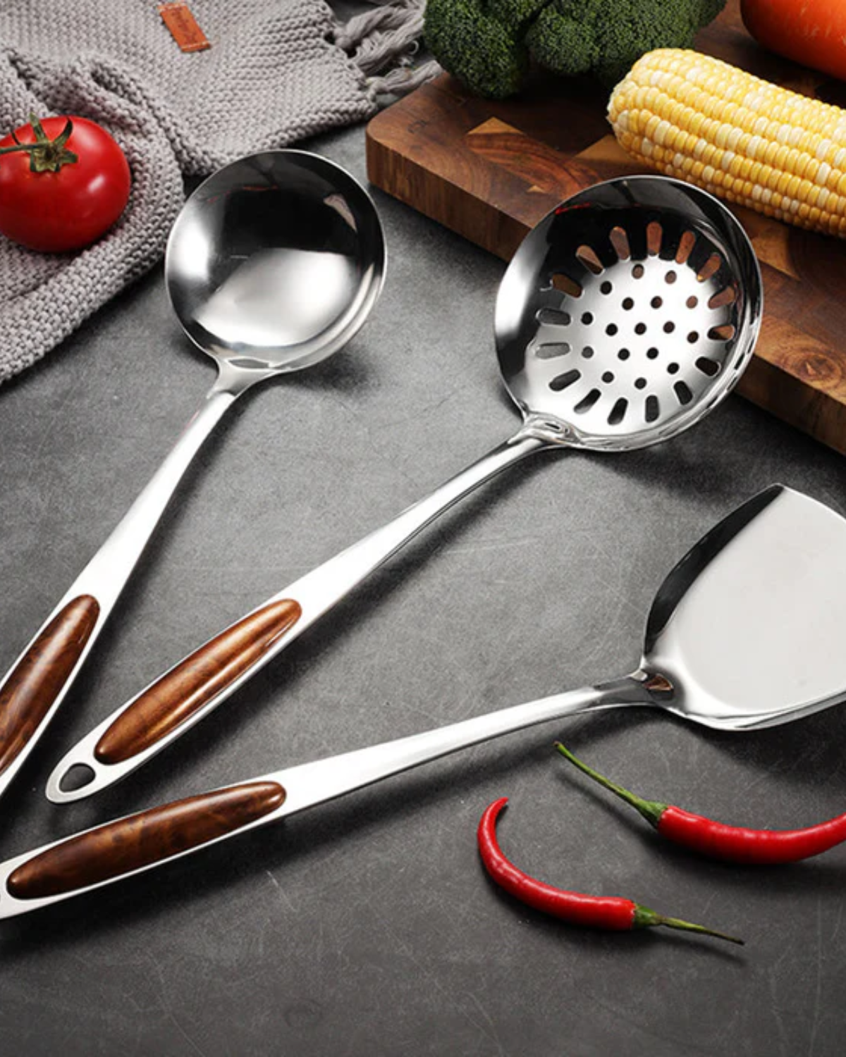 Kitchen Utensil Set – Stainless Steel with Wooden Handle, Elegant Kitchen Accessories for Cooking and Serving