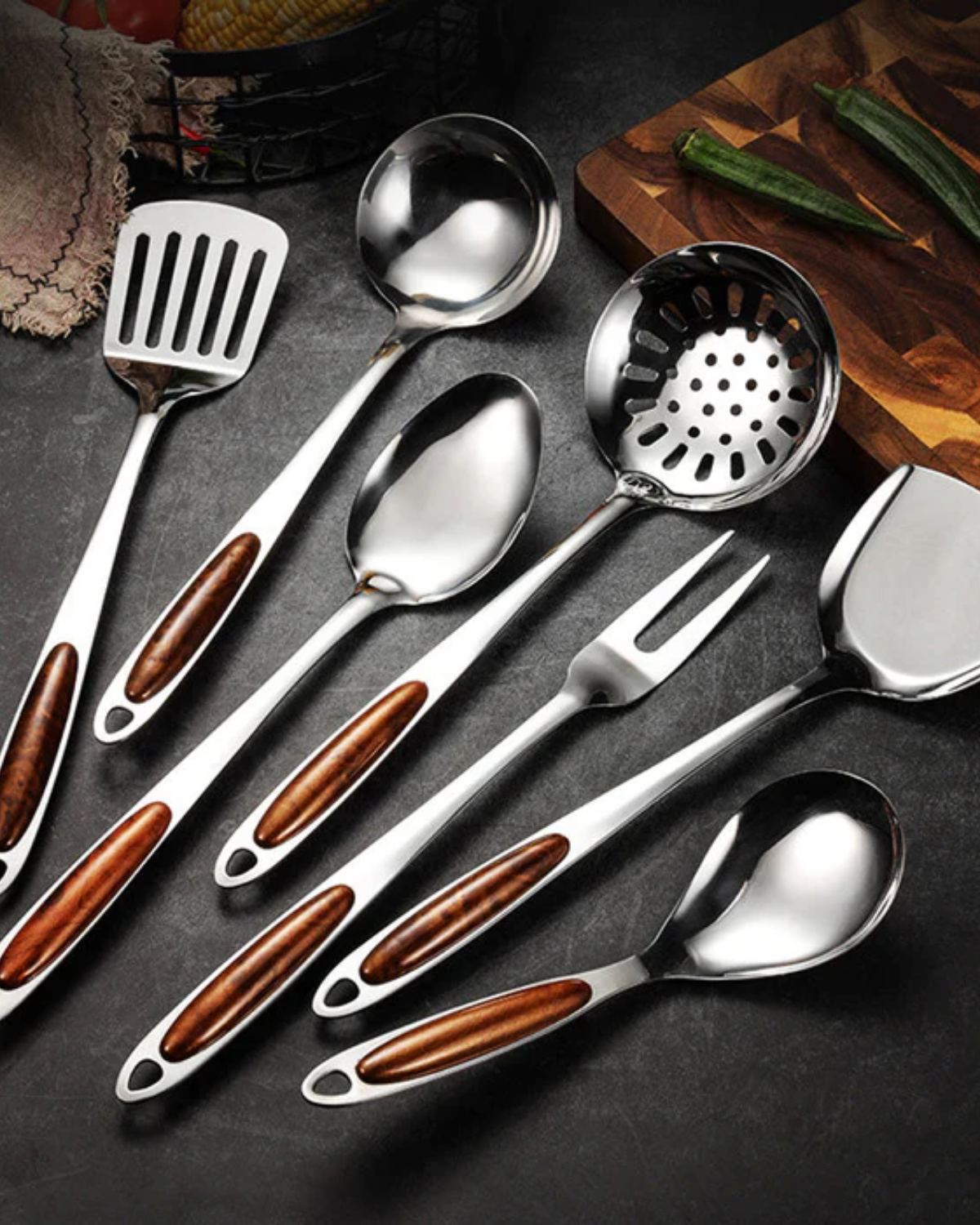 Kitchen Utensil Set – Stainless Steel with Wooden Handle, Elegant Kitchen Accessories for Cooking and Serving