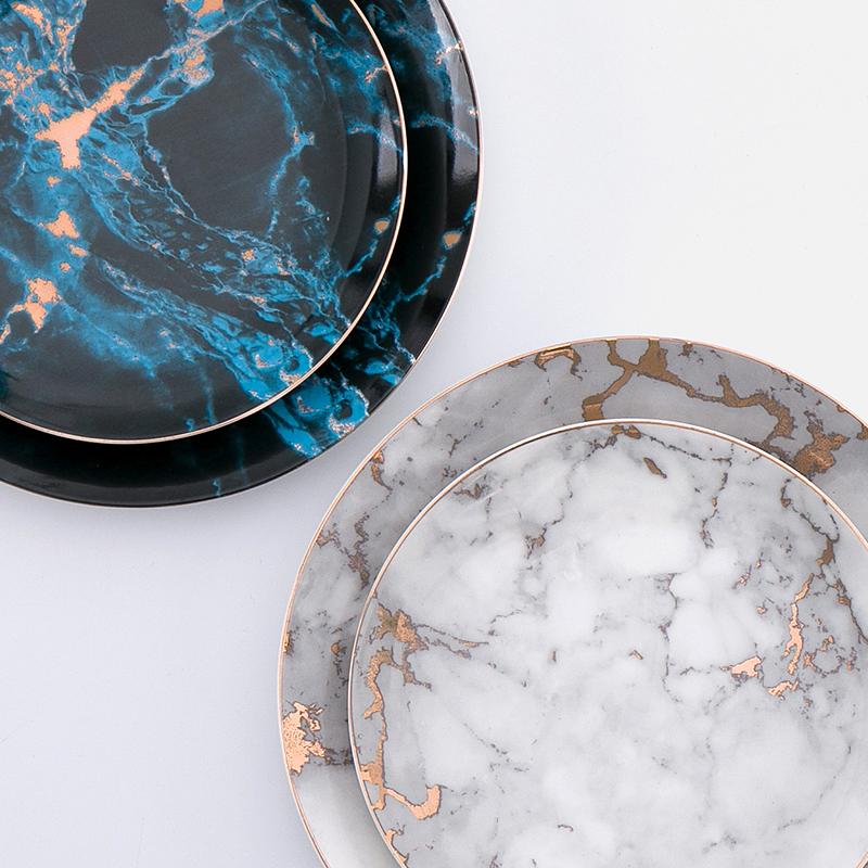 Plate set in marble porcelain – white with gold rim, elegant dessert and main course dishes for table setting