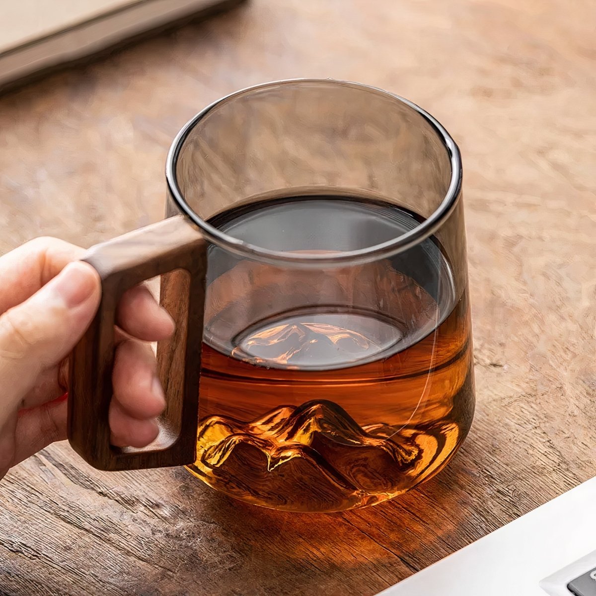 Glass coffee cup – Smoked glass with walnut handle, modern design for coffee or tea