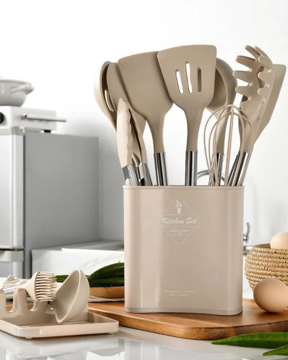 Silicone Køkkenredskabs Sæt – Beige, Nordisk Design med 11 Stykker til Madlavning og Servering